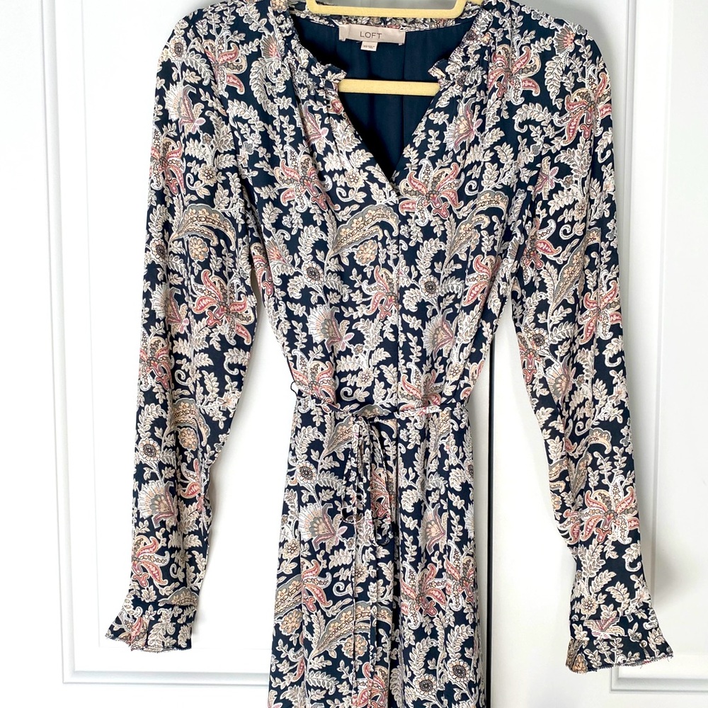 Loft Swing Dress / Ruffle Trim / Tie Waist